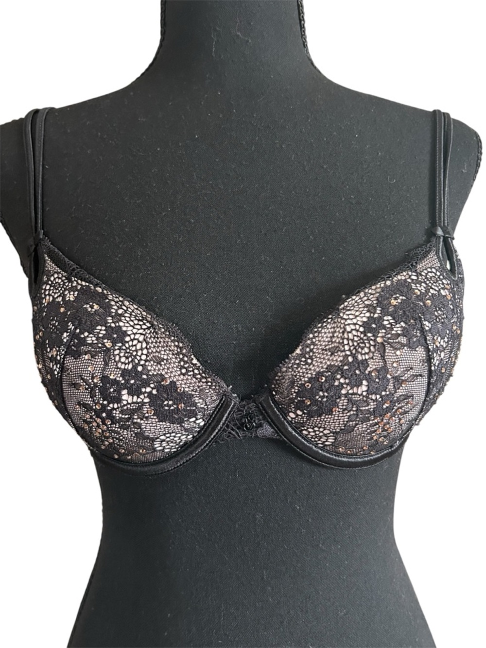 Victoria’s Secret Black Lace Rhinestone Demi Bra Sexy Sheer 32C